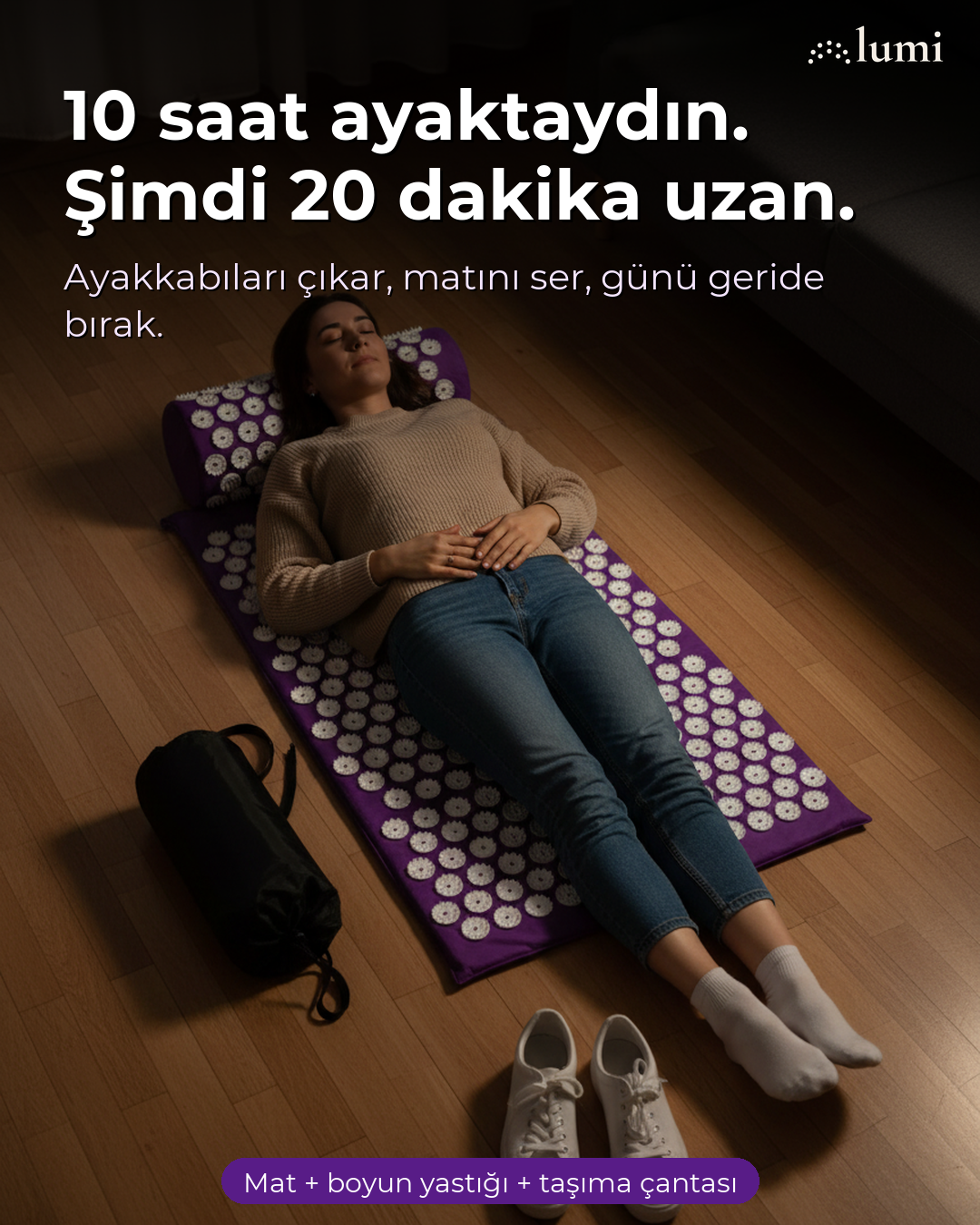Lumi Mat Akupresür Matı Seti: Dikenli Mat + Boyun Yastığı + Taşıma Çantası